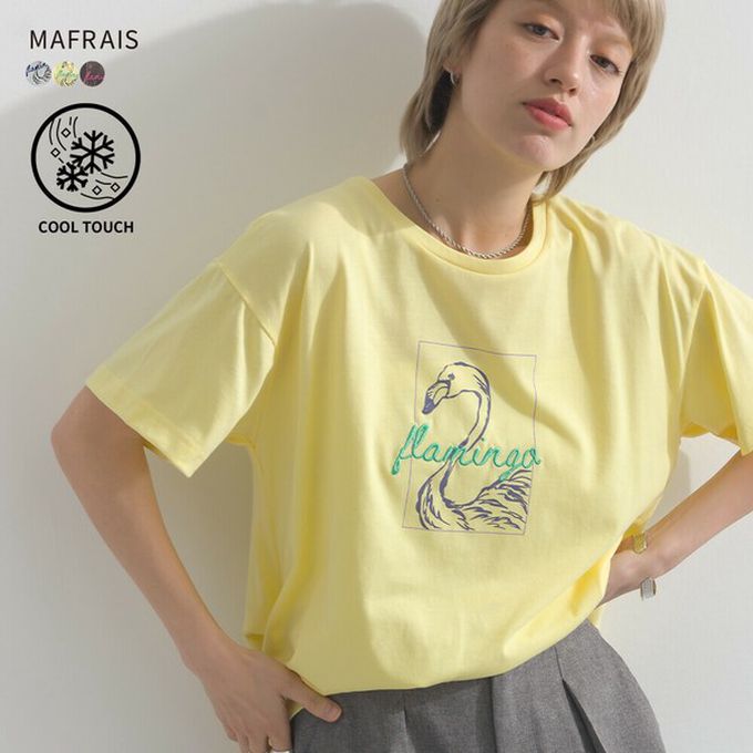 日本 le colis - 接觸冷感 紅鶴刺繡印花休閒上衣-黃