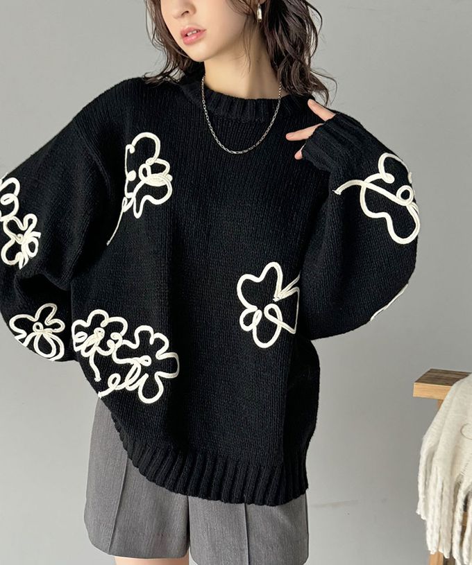 日本 Classical Elf - 線條花朵蓬鬆感針織上衣-黑