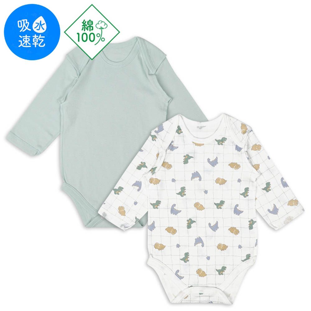 長袖包屁衣2件組-套頭式 恐龍-綠色
