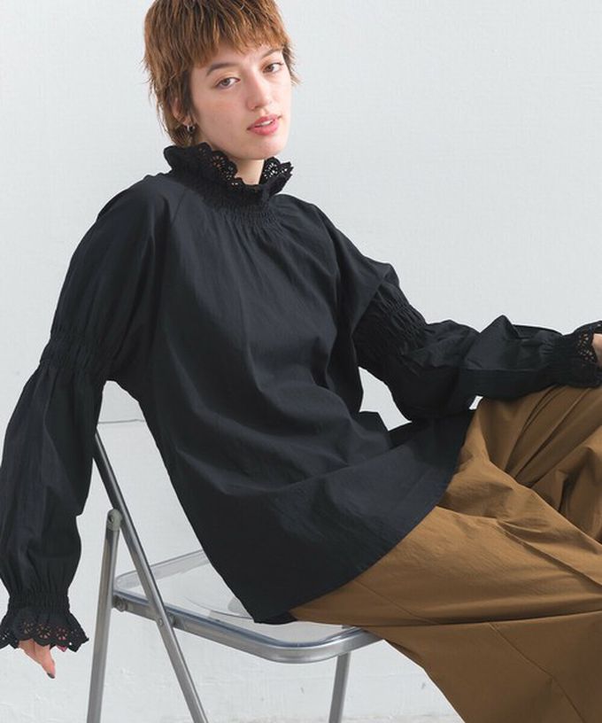 日本 Lupilien - 100%棉 典雅貝殼蕾絲宮廷長袖上衣-白