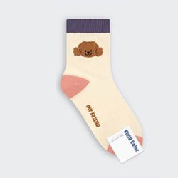 韓國連線 - 韓製動物毛巾繡彈性中筒襪-狗狗-米 (23-25cm)-1雙