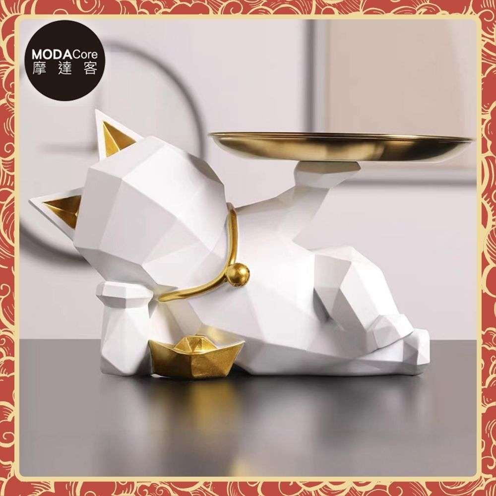 ◉開運招財◉現代藝術白色設計師斜躺捧金盤迎賓招財貓-開運喵星人擺飾 時尚藝術 事業開店禮品