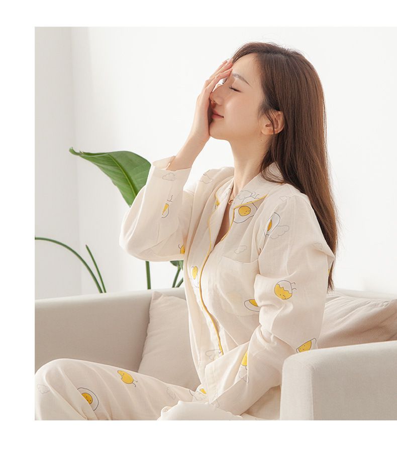 雙層棉紗布長袖家居睡衣套裝-成人款-藍底荷包蛋