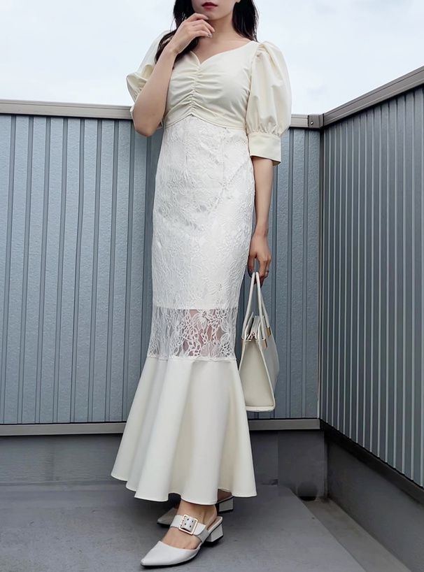 日本 GRL - 公主浪漫蕾絲拼接魚尾洋裝-經典黑