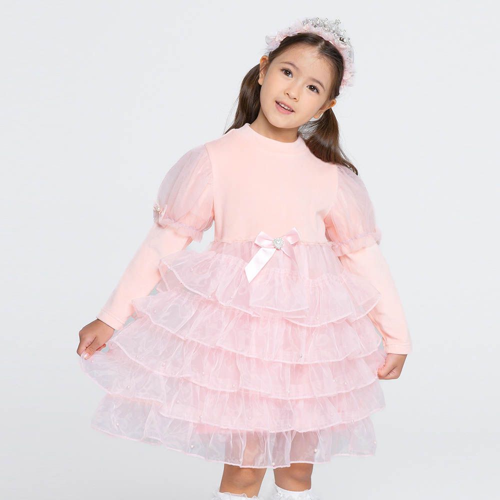 (附髮箍)甜心泡泡袖蛋糕層次公主洋裝-粉