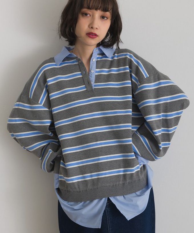 日本 ELENCARE DUE - 假二件襯衫領輕盈落肩長袖上衣-藍灰條紋