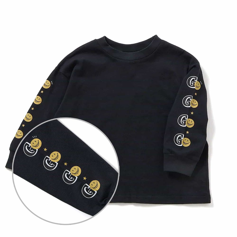 雙手可愛印花長袖上衣-笑臉-黑