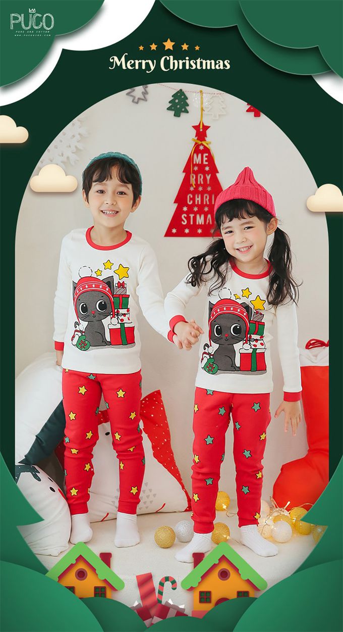 正韓 Puco - 超優質嬰幼兒/兒童長袖100% 有機純棉家居服/睡衣-聖誕貓貓