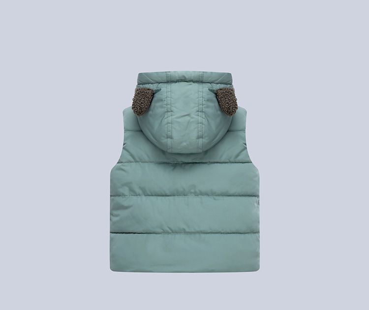 WELLKIDS - 加絨造型暖暖連帽背心-熊熊耳朵-灰綠色