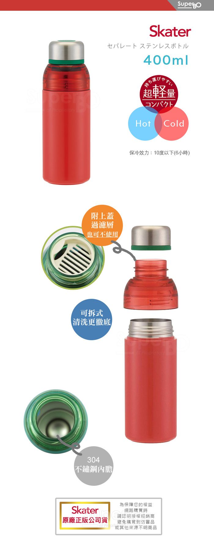 日本 SKATER - 雙開口不鏽鋼真空瓶(400ml)-番茄