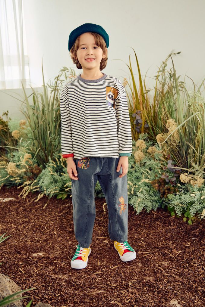 韓國 Mimico - 胸前童趣動物印橫紋長袖上衣-黑