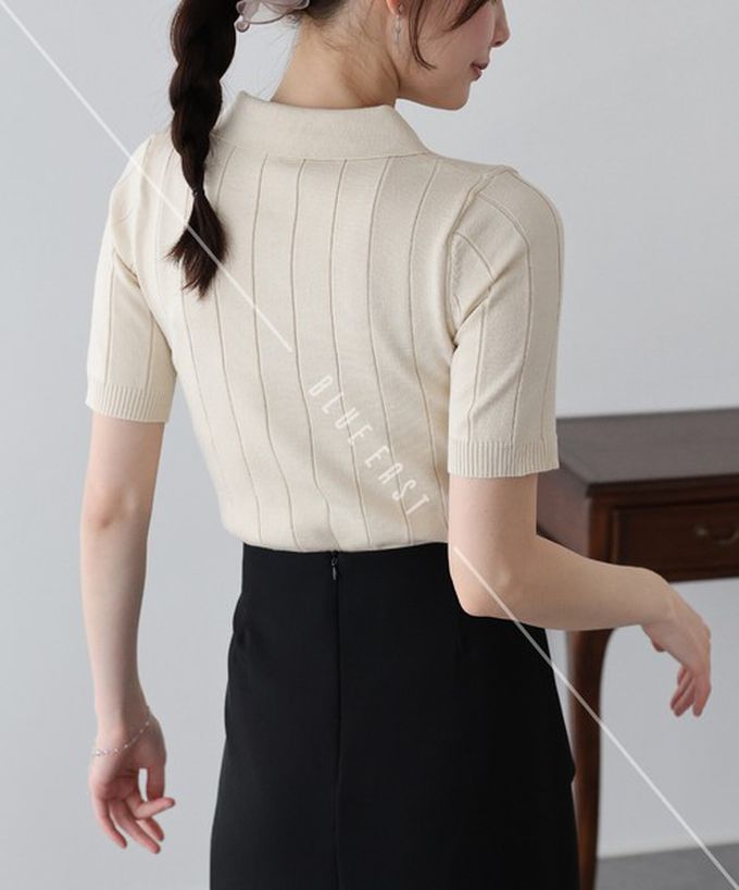 日本 BLUE EAST - 都會氣息寬羅紋針織短袖polo衫-煙燻藍