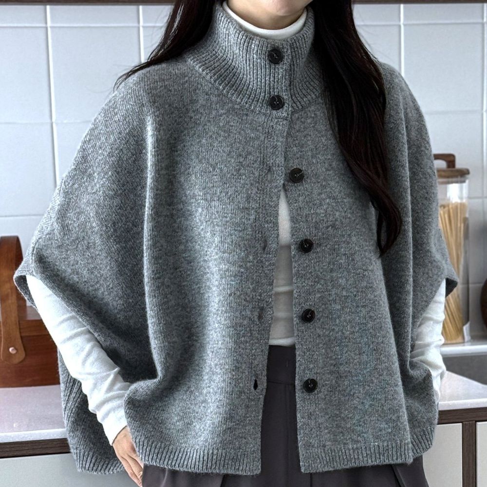 柔軟美麗諾羊毛針織斗篷風格背心外套-灰 (FREE)