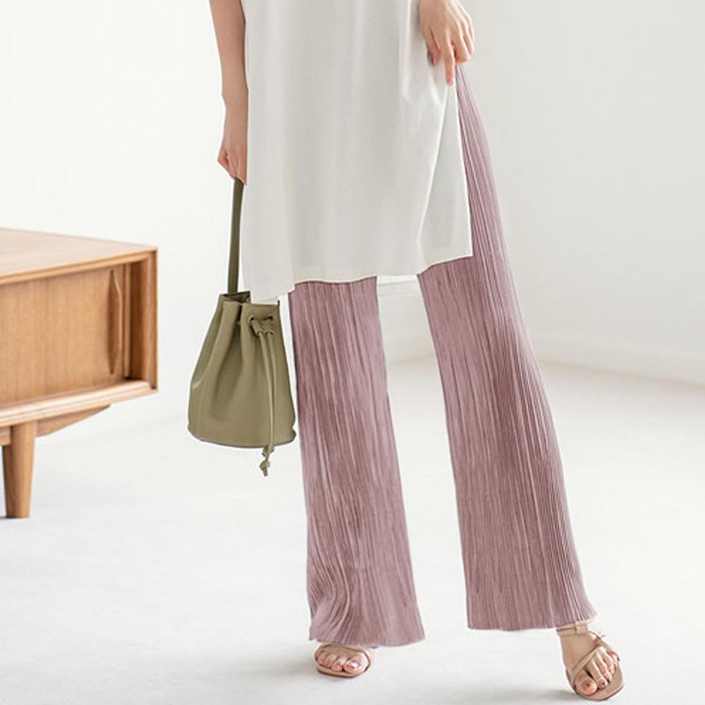 日本 GRL - 時尚楊柳細緻皺摺寬褲-粉