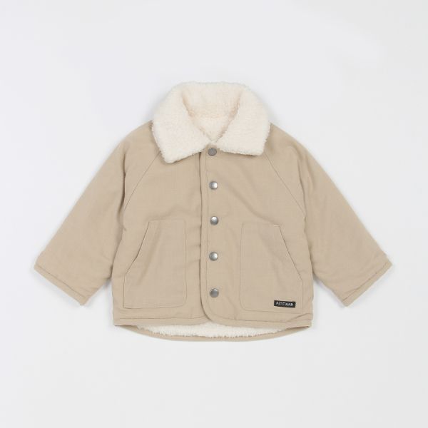 日本 petit main - 翻領英倫風絨毛雙面穿外套-素面卡其