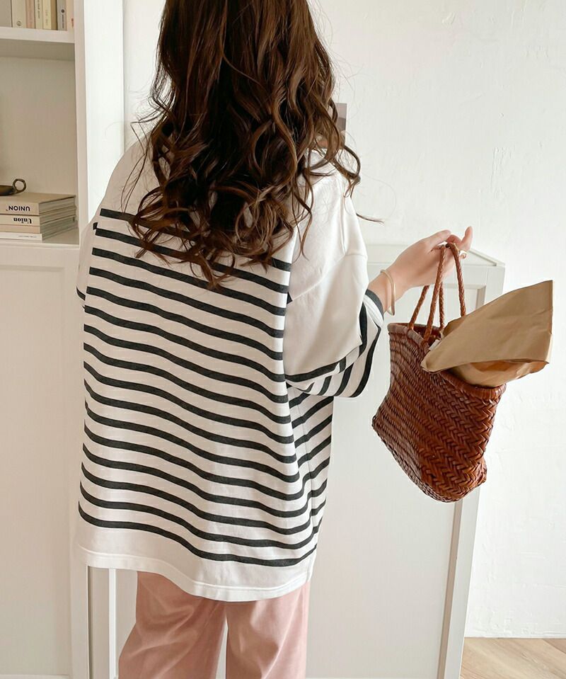 日本 Classical Elf - 圓領透氣橫條紋五分袖上衣-白x綠