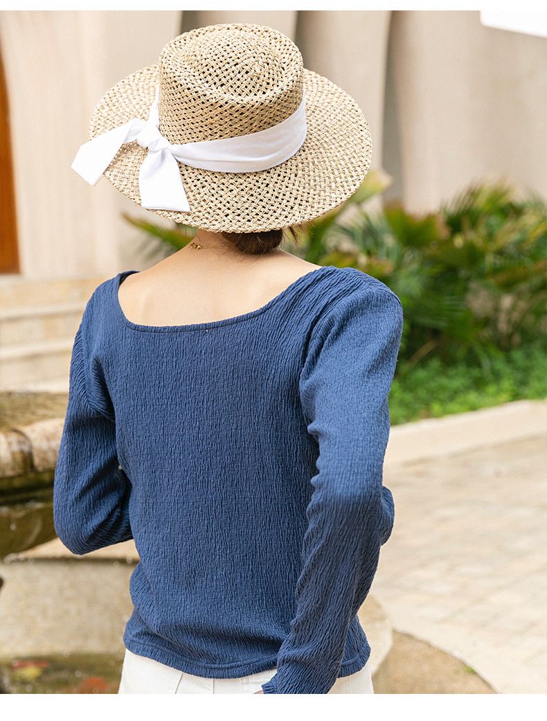 基礎百搭方領長袖上衣-藍色