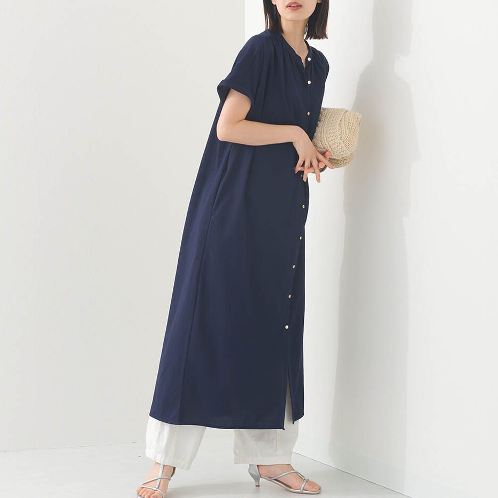 接觸涼感 氣質金釦襯衫式短袖洋裝-海軍藍