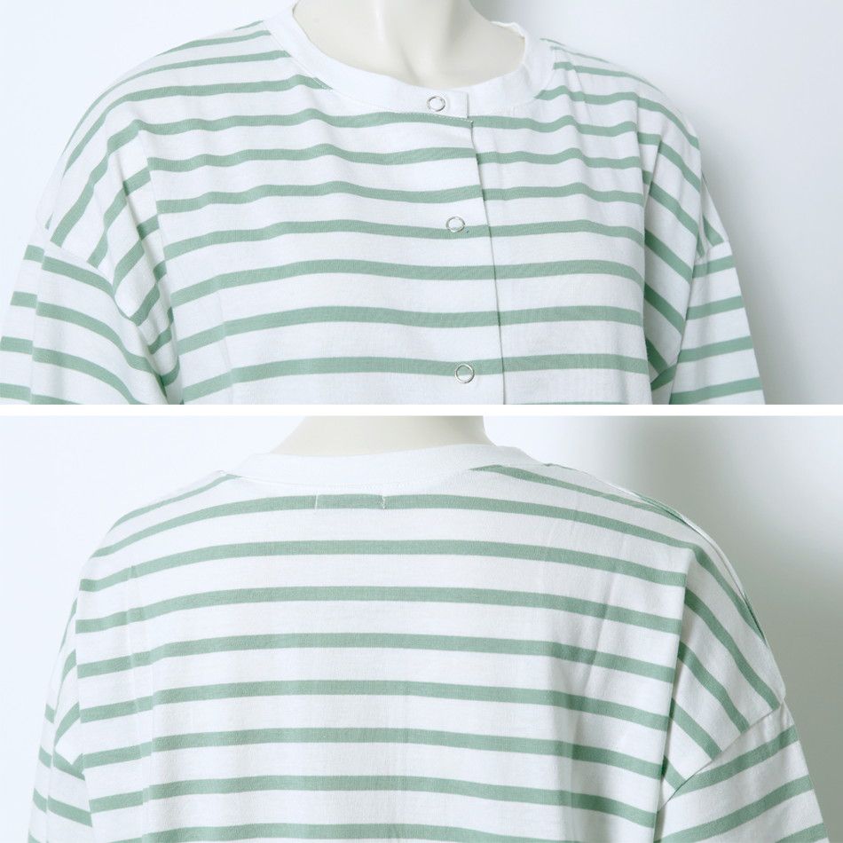 日本 Rejoule - V領橫條紋落肩短版薄外套-藍x白