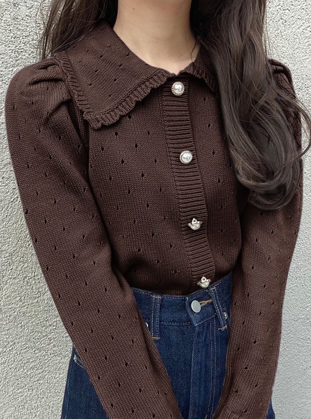 日本 GRL - 浪漫花朵領珍珠釦針織上衣-知性黑