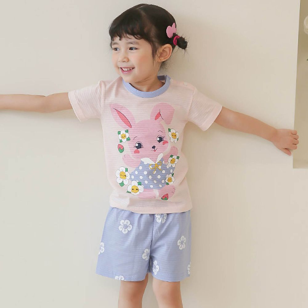 韓國 Puco - 有機棉透氣短袖家居服-跳舞粉兔