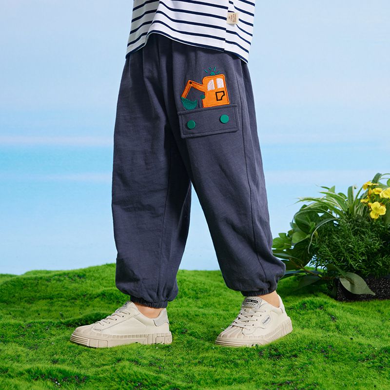 竹節棉束口長褲/防蚊褲-挖掘機-杏色