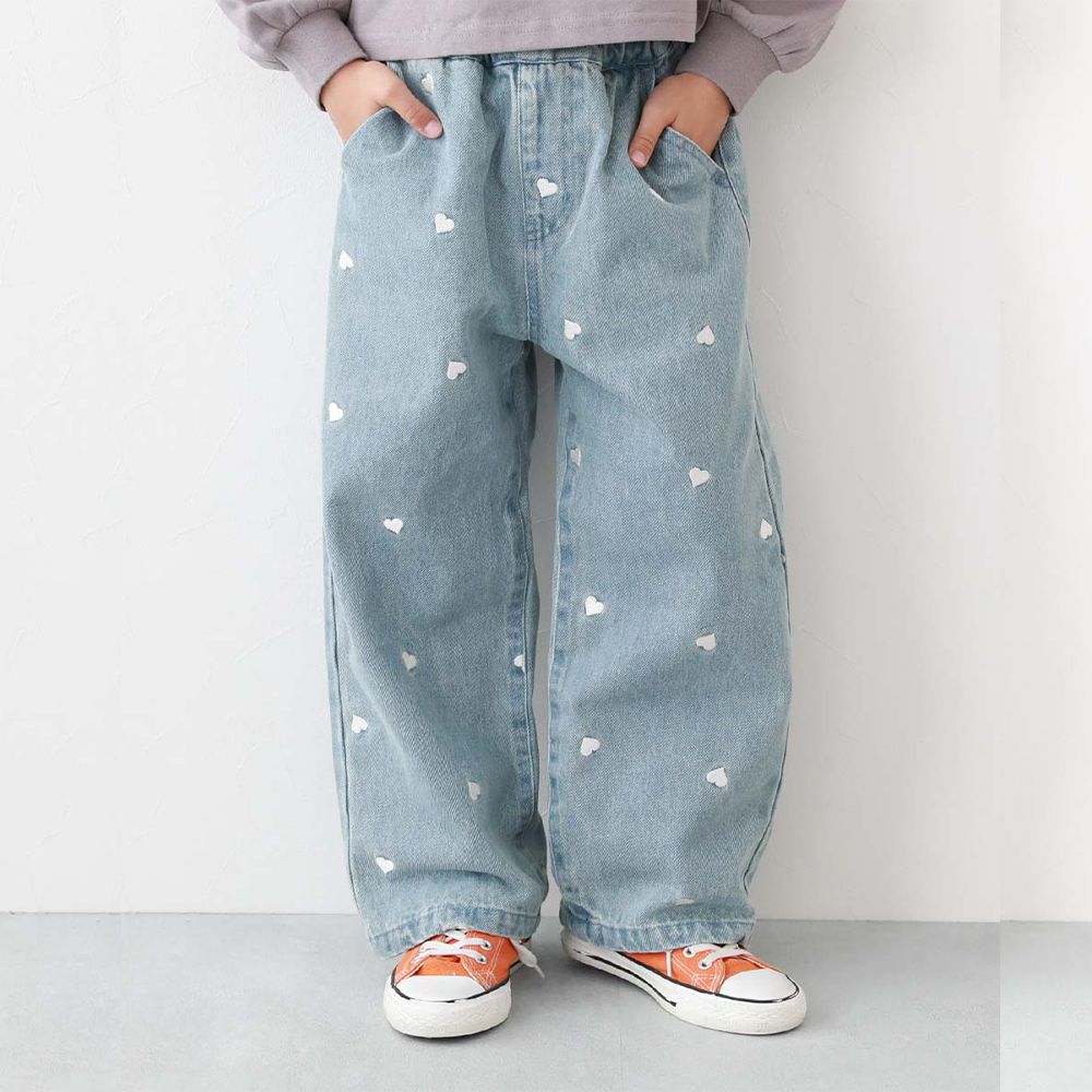 甜美亮麗刺繡刷色丹寧寬褲-愛心-淺藍