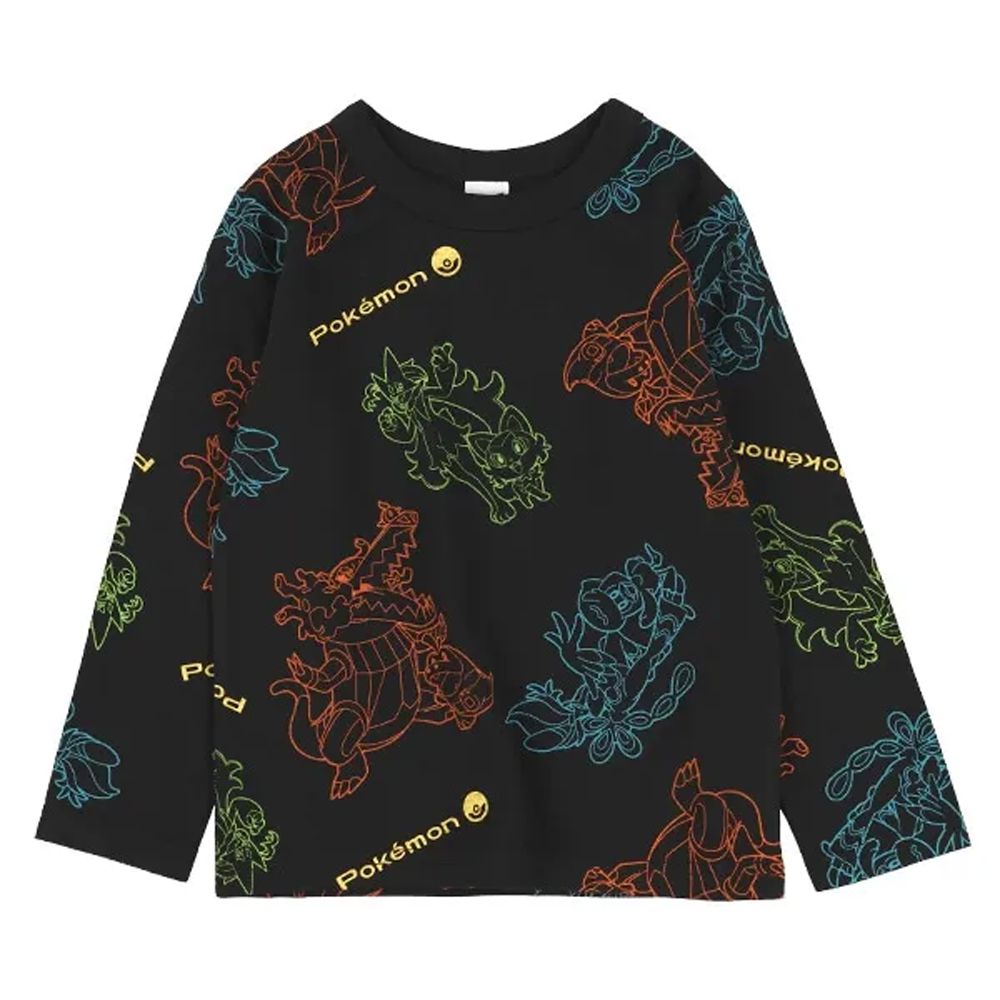 卡通人物寶可夢印花長袖上衣-彩色線條-黑