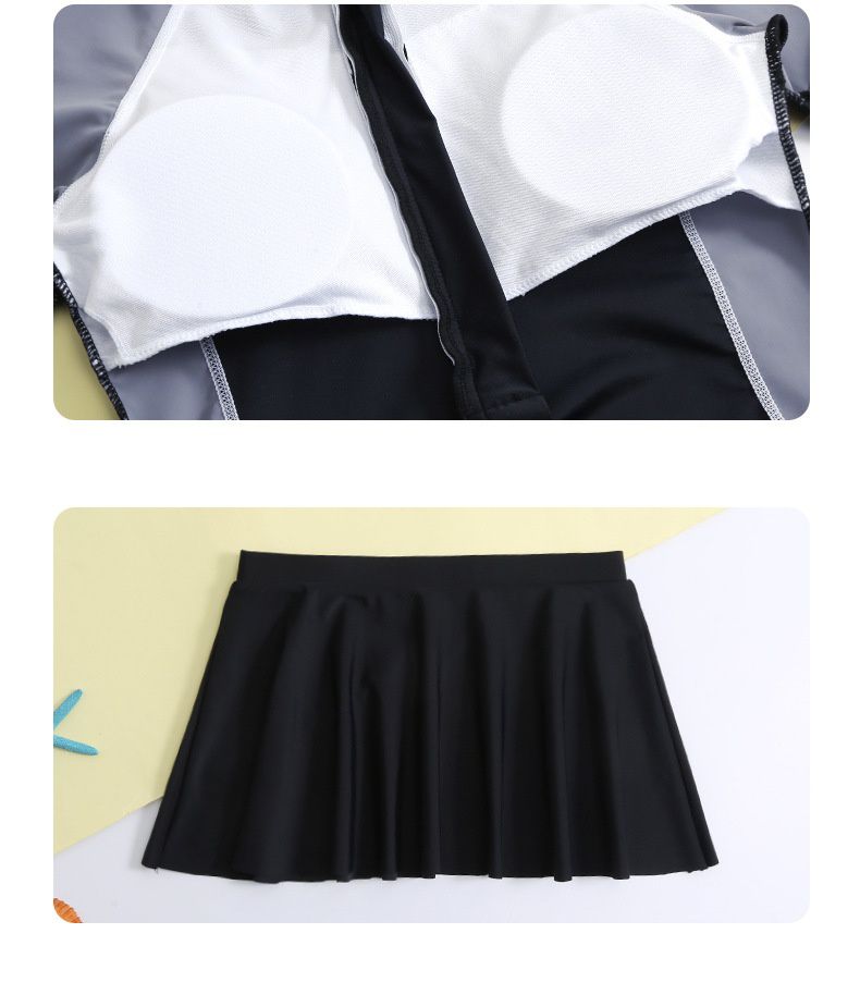 大童女孩運動風短袖連身裙泳衣套裝(二件組)-黑色-泳衣、裙子