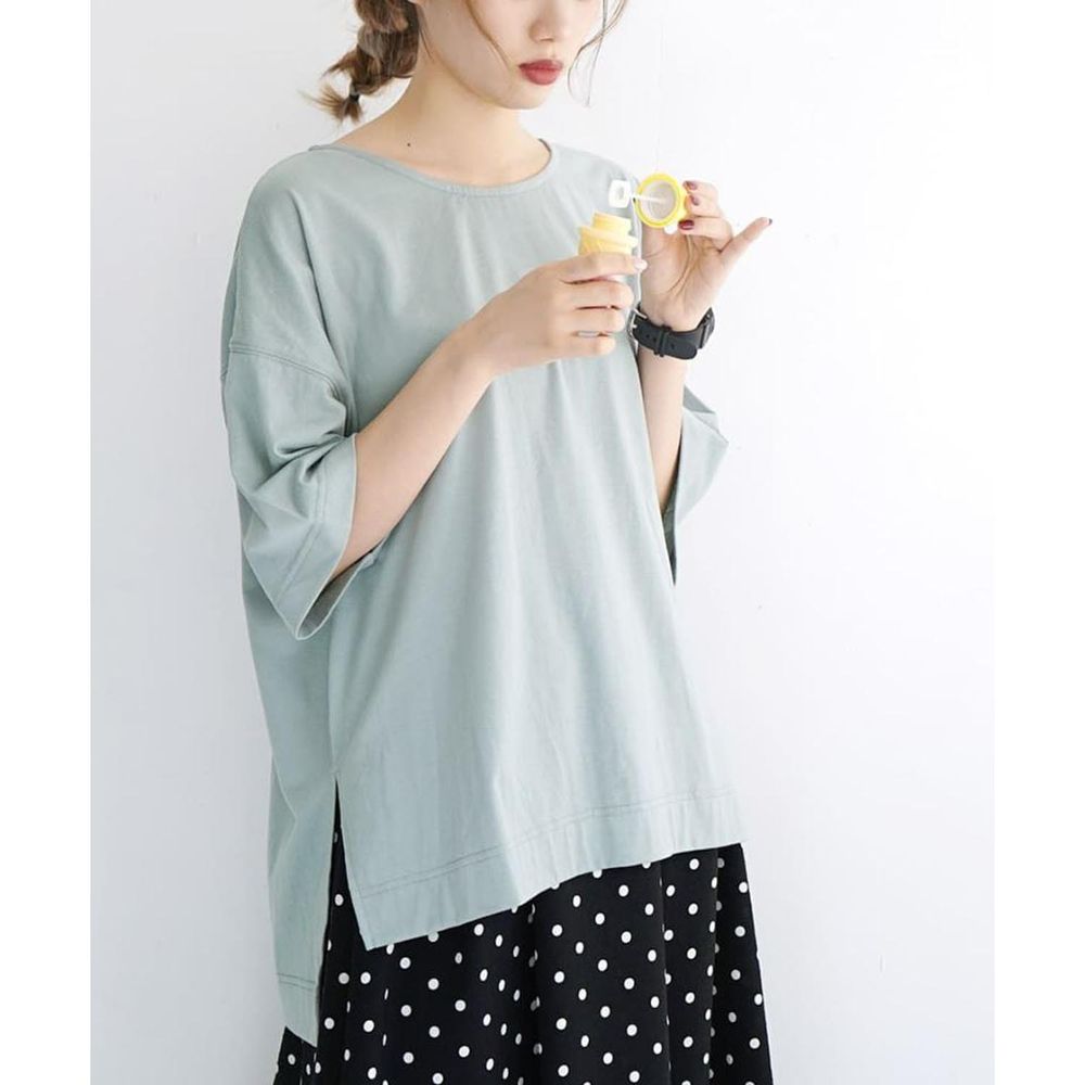 日本 zootie - Design+ 修身遮臀寬版百搭五分袖上衣-水藍
