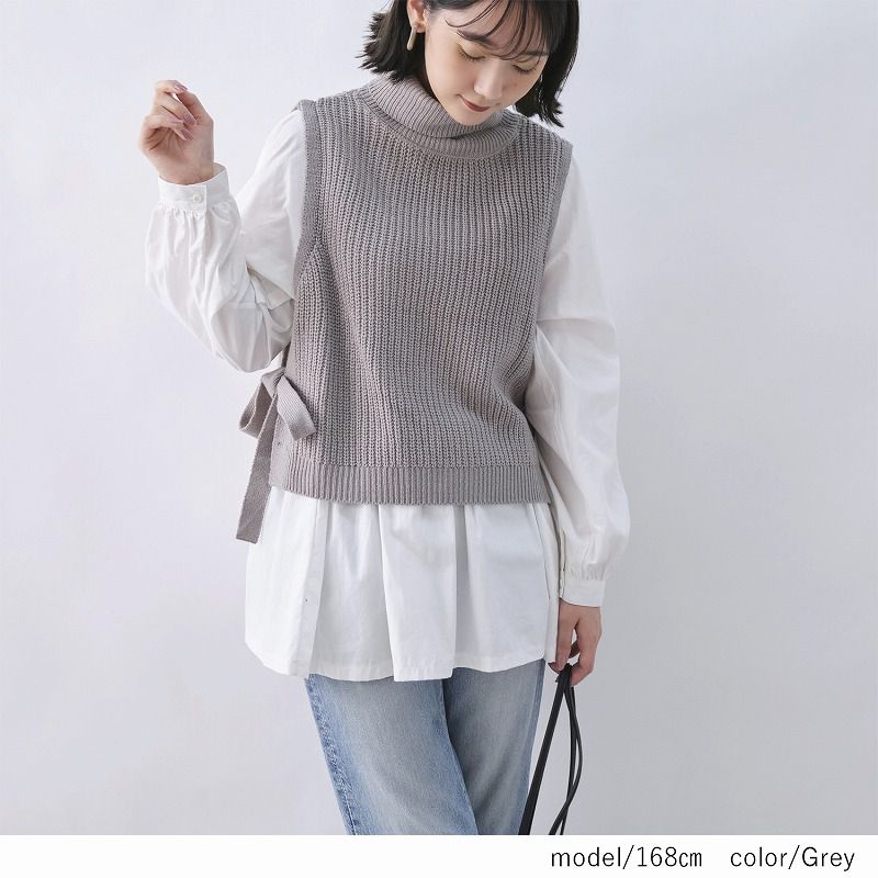 日本 Rejoule - 假兩件高領針織背心X白上衣-灰 (M(Free size))