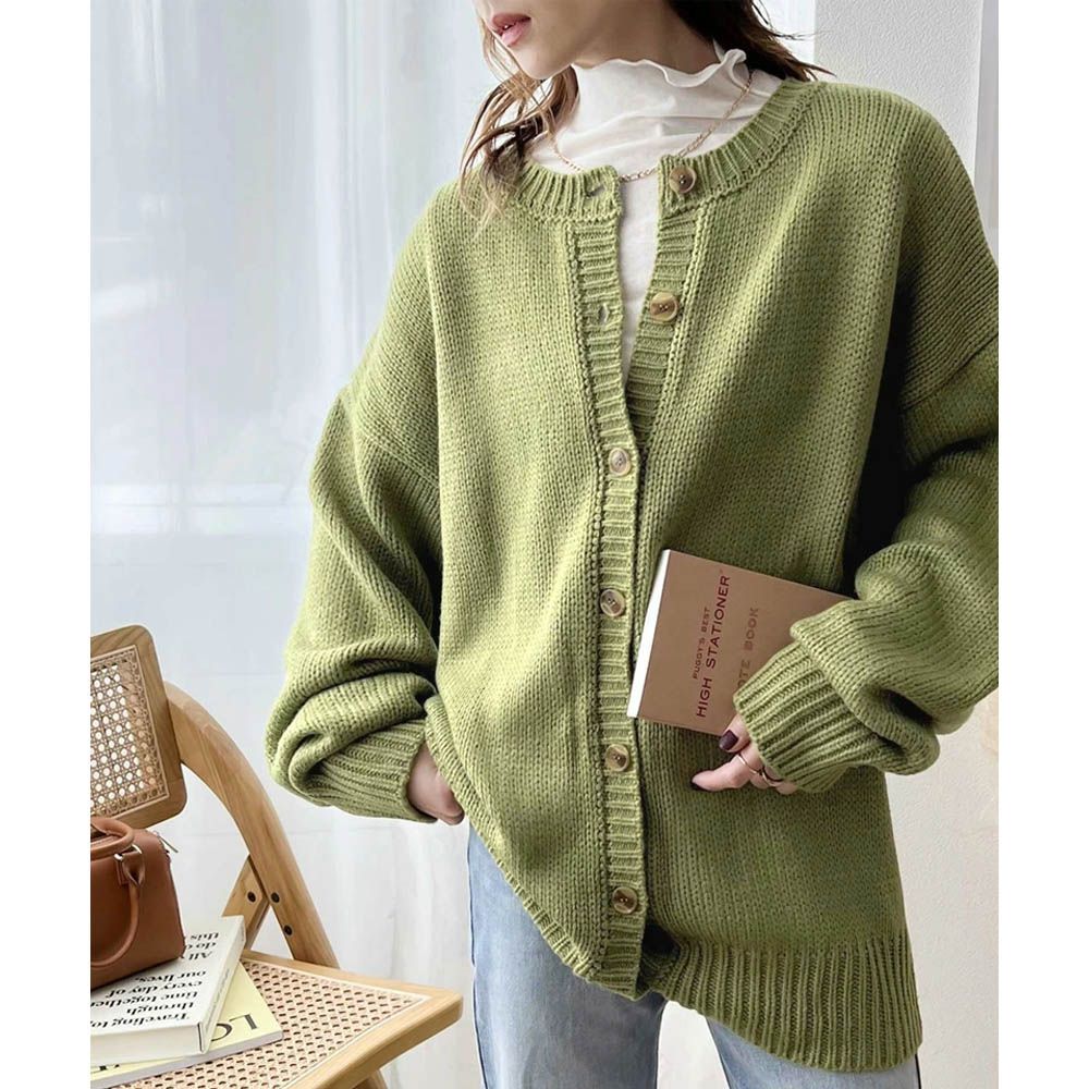 雙面穿寬鬆針織鈕釦開襟衫-果綠