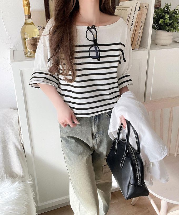 日本 Classical Elf - 混有機棉休閒條紋五分袖上衣-海軍藍x白線