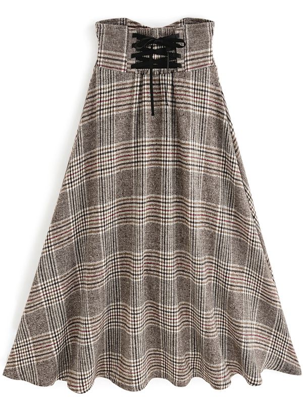 日本 GRL - 後綁帶格紋修身高腰長裙-灰棕