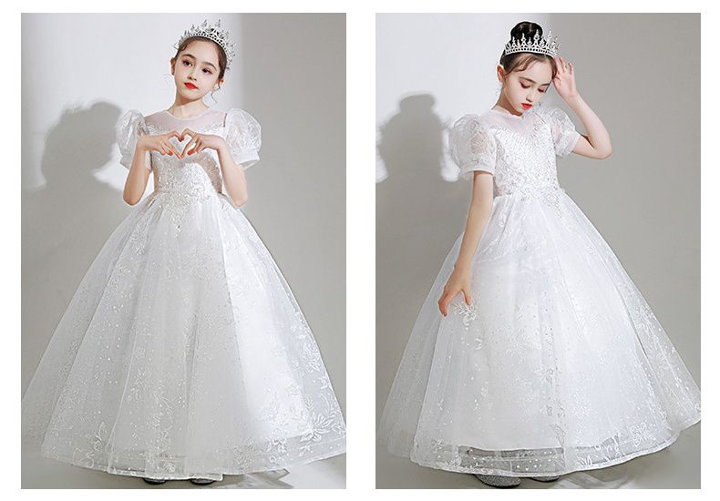 桃心V領公主泡泡五分袖網紗禮服-滿滿亮片-白色