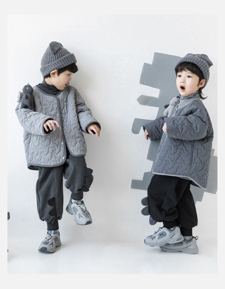 TONGMO - 可拆卸造型鋪棉包邊保暖外套-恐龍-淺灰色