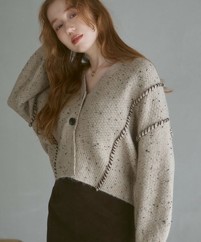 日本 Bab - 縫線感溫暖紋理短版針織外套-卡其沙色