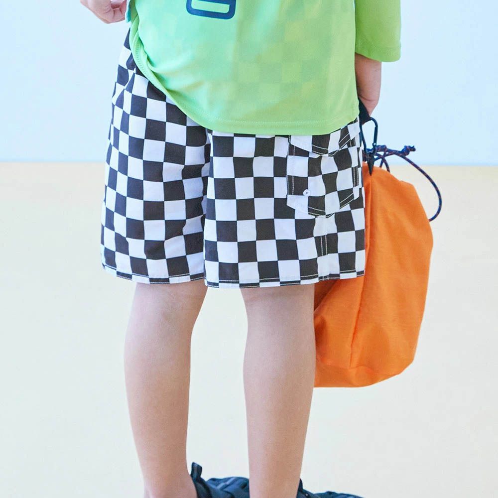 90%抗UV 鬆緊印花沙灘褲/泳褲(含內褲)-格子-黑白