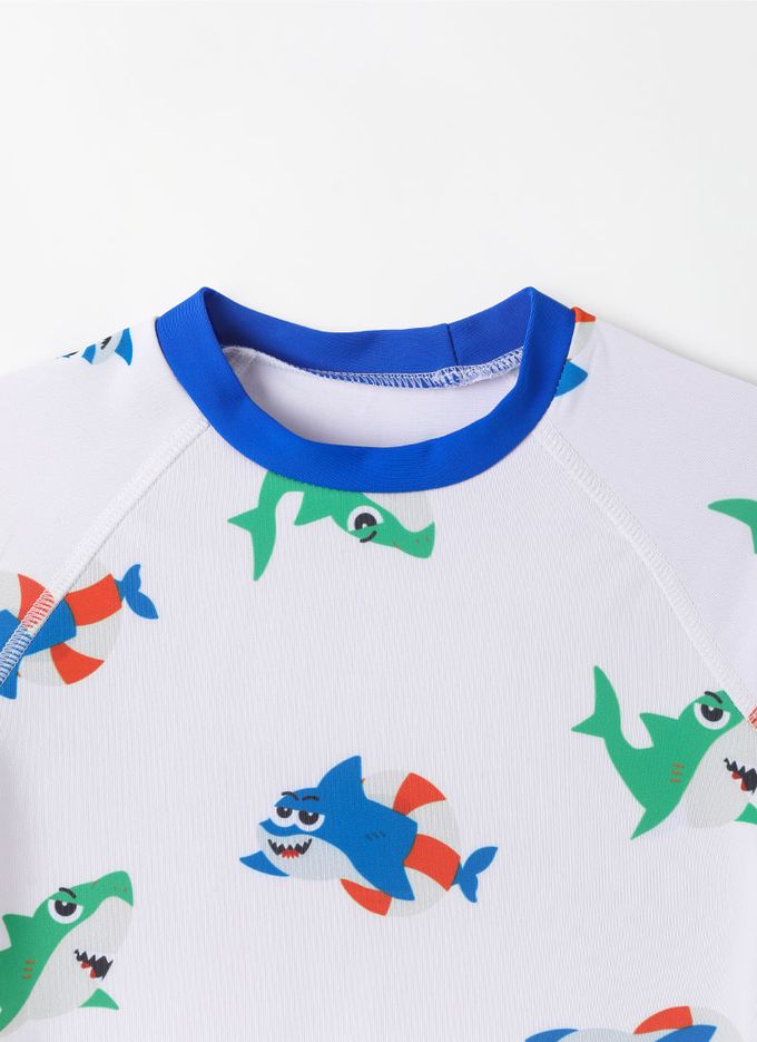 韓國 OZKIZ - 泳圈鯊魚印長袖泳裝/泳帽Set-白灰X藍