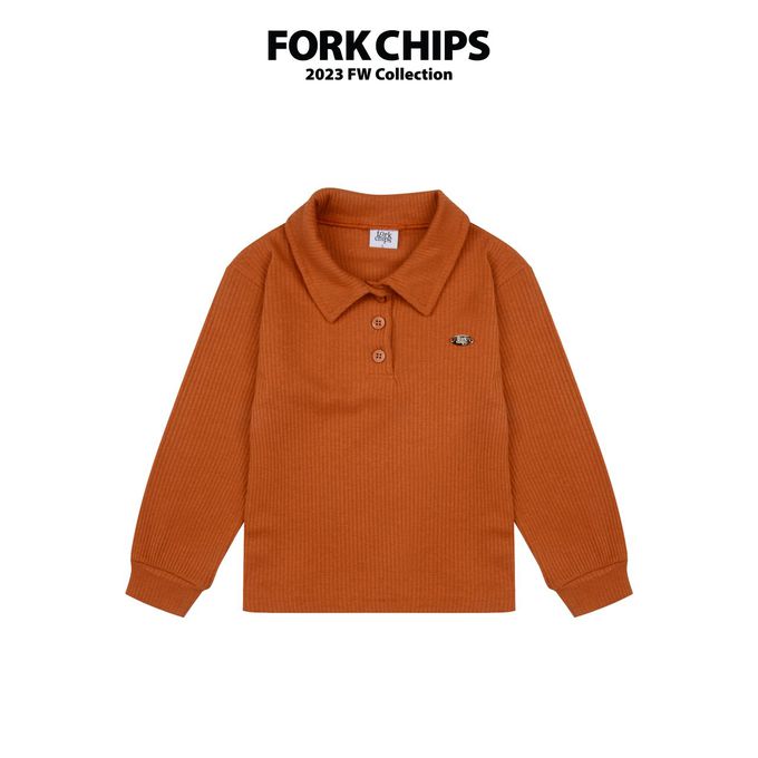 韓國 FORK CHIPS - 金屬裝飾直坑條翻領長袖上衣-磚紅