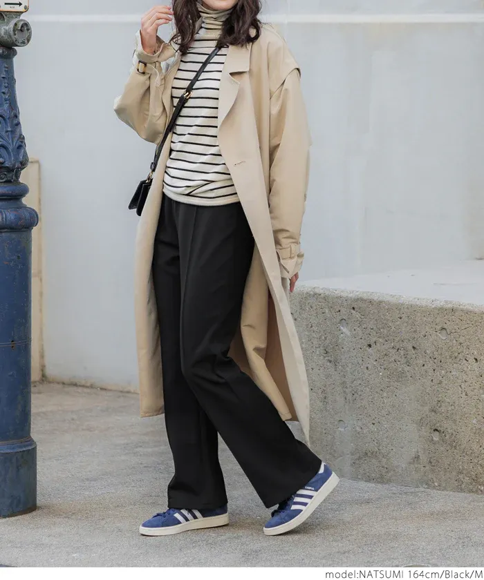 日本 COCA - 裏起毛摺線美腿微喇叭褲-黑