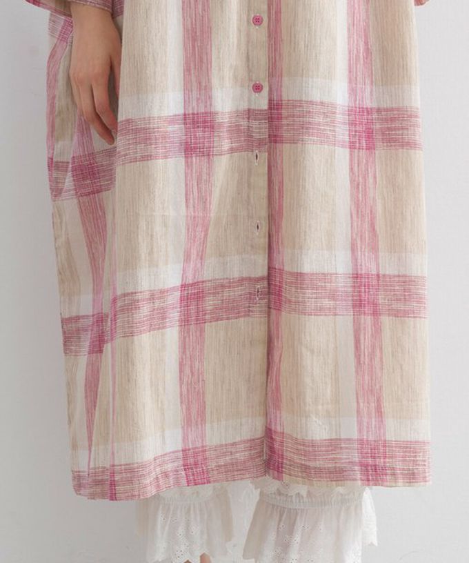 日本 Lupilien - 休閒率性格紋七分袖襯衫洋裝-粉紅x卡其