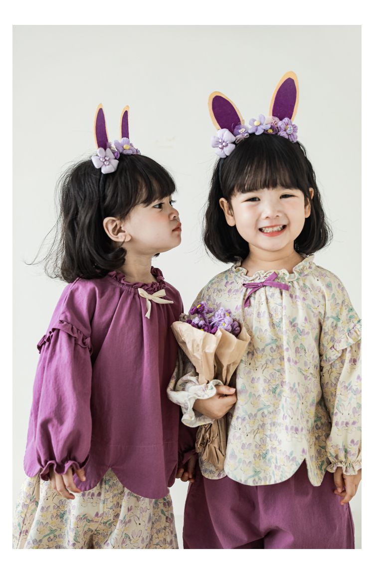 腰鬆緊束口花苞長褲-兔子與花-杏色