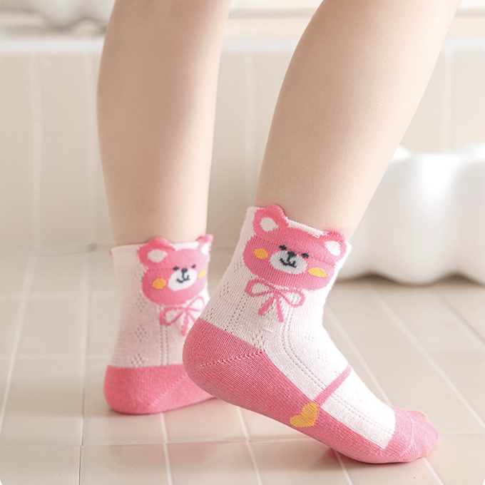 love, charlotte - 泡泡花邊粉紅小熊櫻桃網眼短筒棉襪-5 雙一組