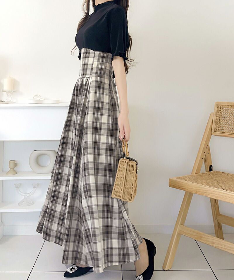 日本 Classical Elf - 浪漫格紋拼接後綁帶短袖洋裝-經典黑