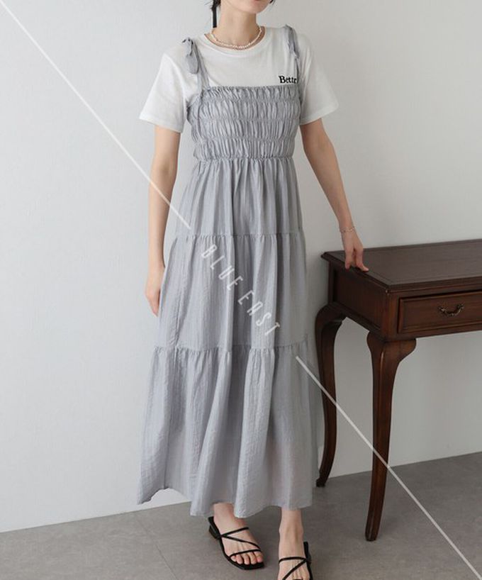 日本 BLUE EAST - 清爽透膚感皺摺綁帶分層洋裝-灰