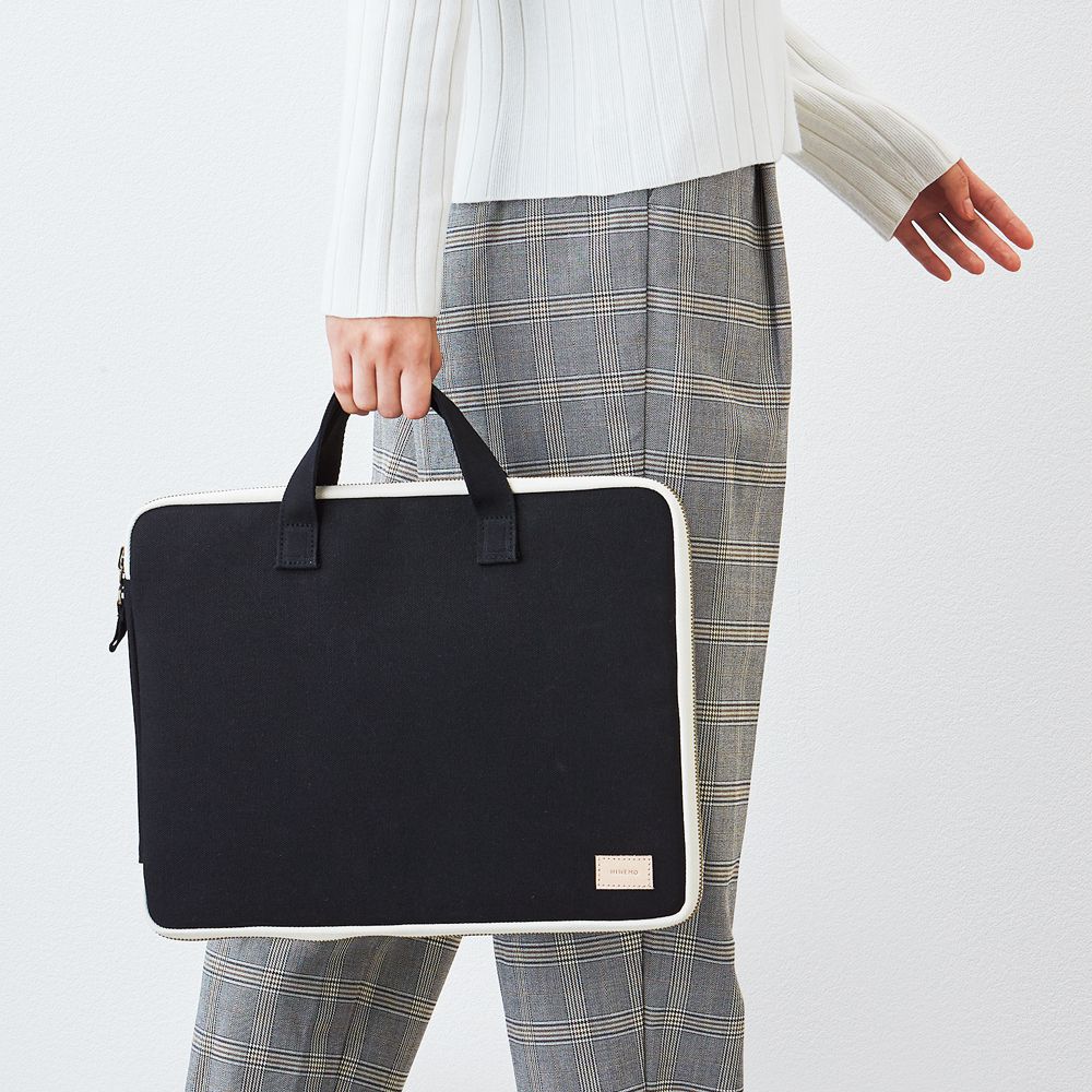 日本文具 LIHIT - 日本國產帆布雙向站立全開筆電包/公事包-深藍 (13吋適用)