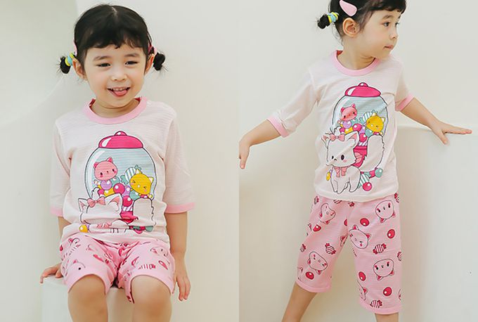 正韓 Puco - 超優質嬰幼兒/兒童七分袖100% 有機純棉家居服/睡衣-泡泡糖貓