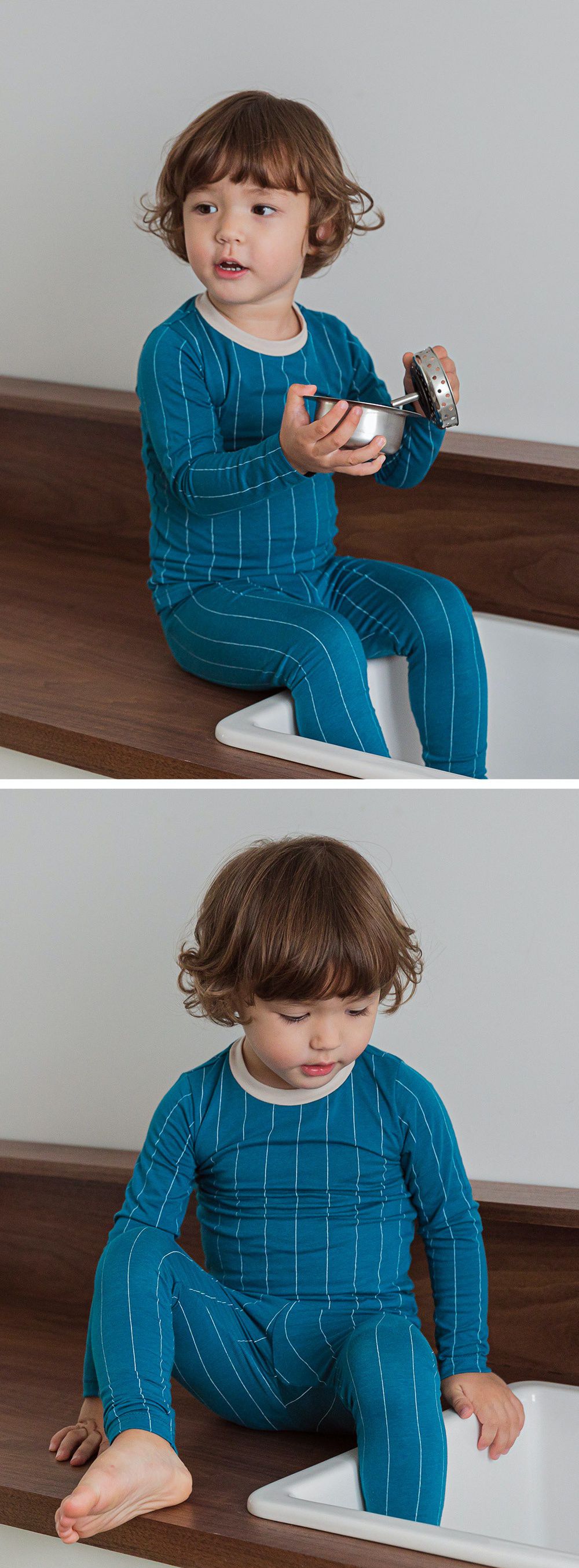 韓國 Cordi-i - 德國Viloft天然纖維保暖衣套裝-深色線條-藍綠