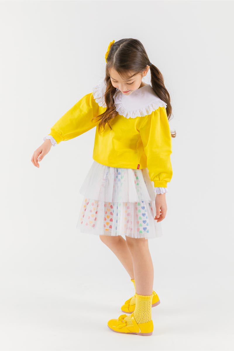 韓國 OZKIZ - 雕花蕾絲荷葉領長袖大學T-黃